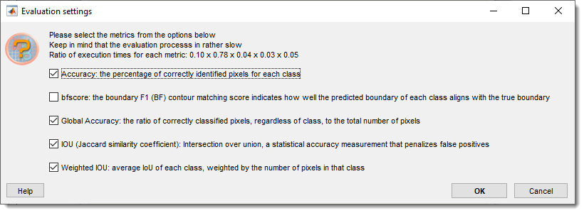 Evaluation metrics settings dialog