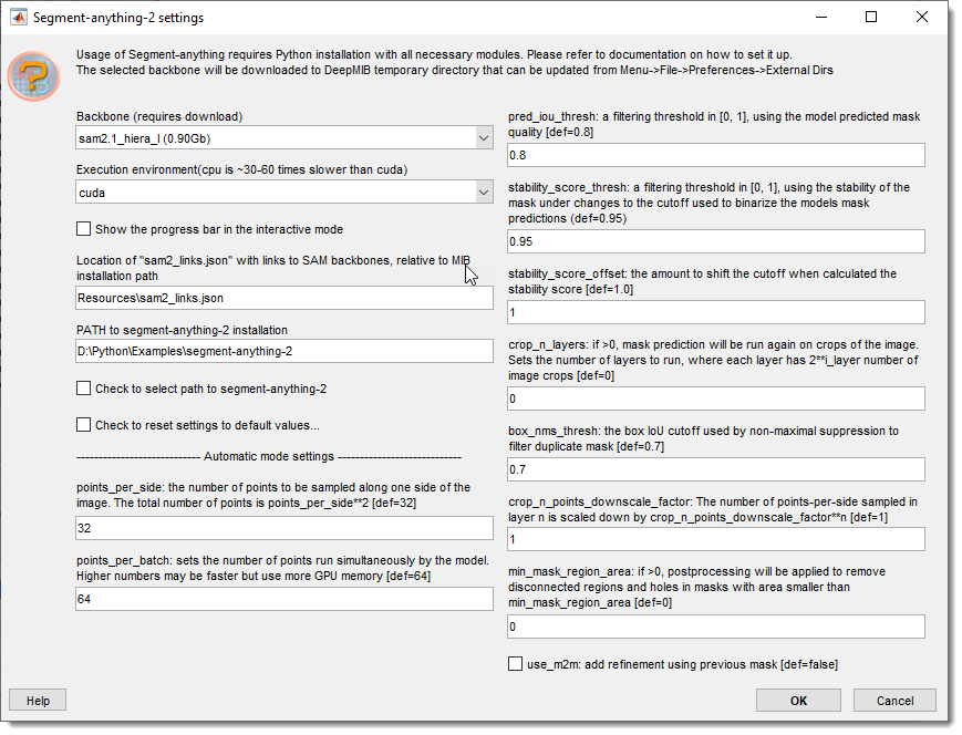 Segment anything model settings