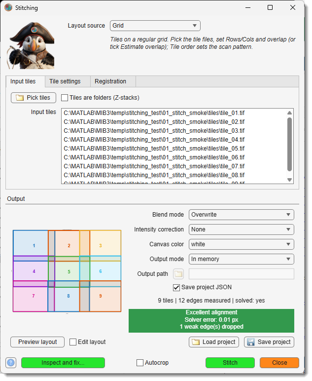 Stitching dialog