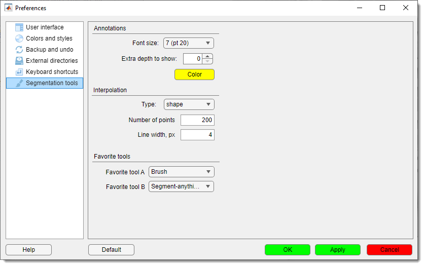 Segmentation Tools settings