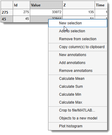 Statistics table and its context menu
