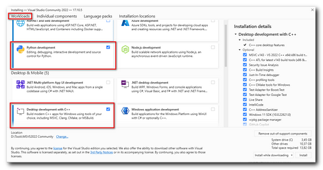 Select Python and Desktop C++ in the Workloads